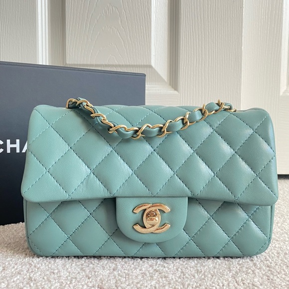 FULL SET - CHANEL Mini Classic Handbag (Blue / Turquoise with Champagne Gold HW) - Picture 12 of 13